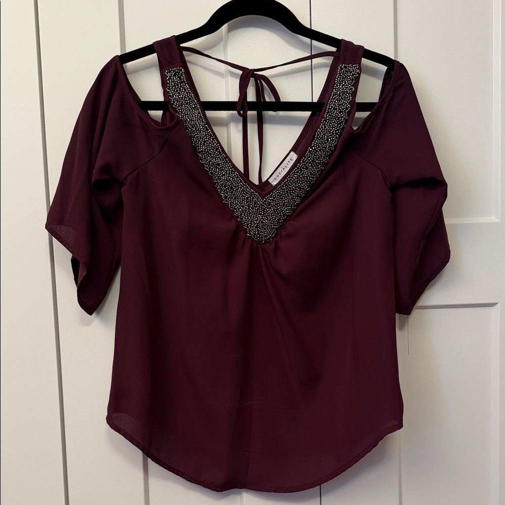 Socialite Burgundy Cold-Shoulder Beaded V-Neck Top